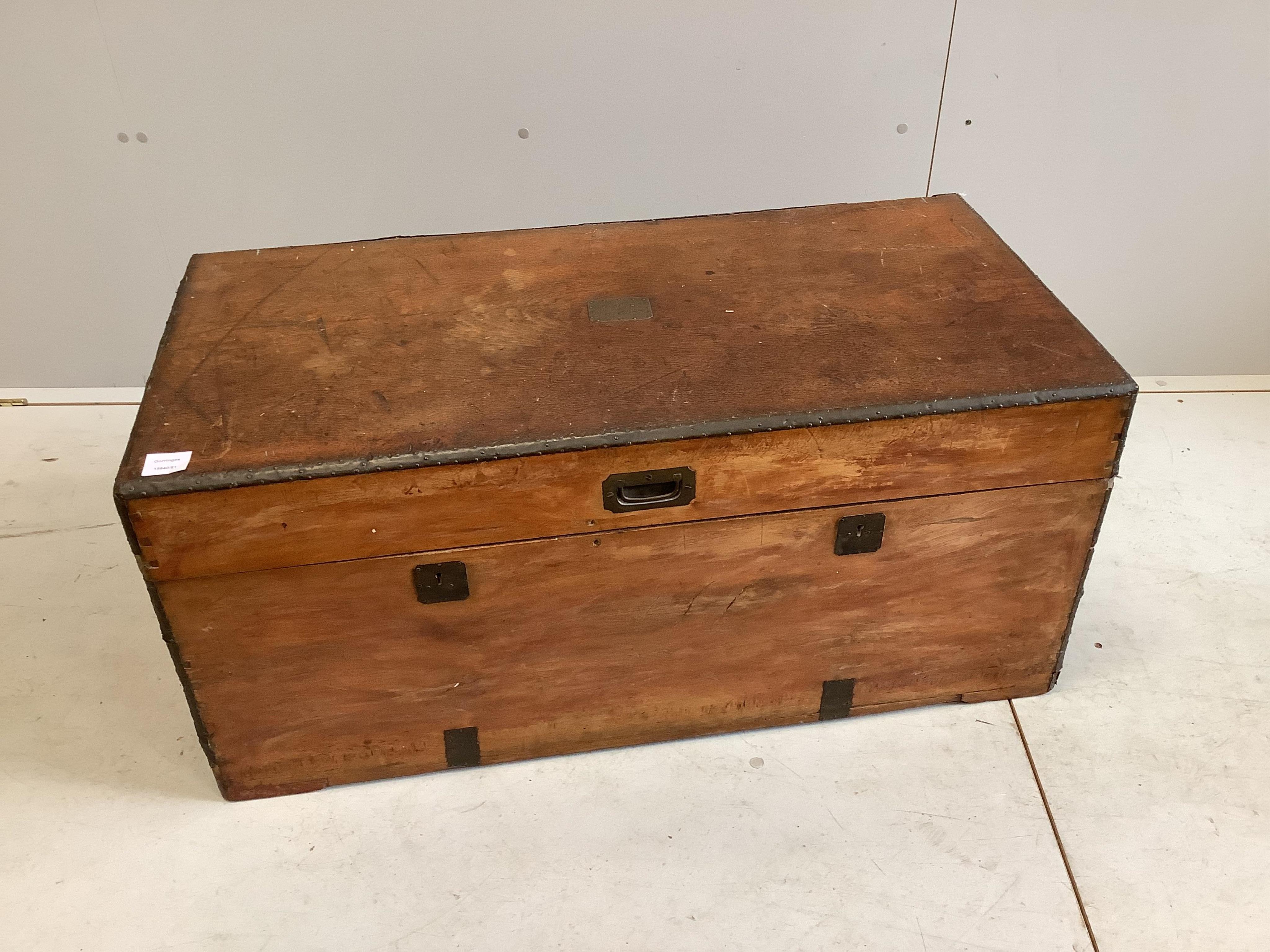 A Victorian oak and camphorwood brass bound trunk, width 100cm, height 46cm. Condition - fair to good